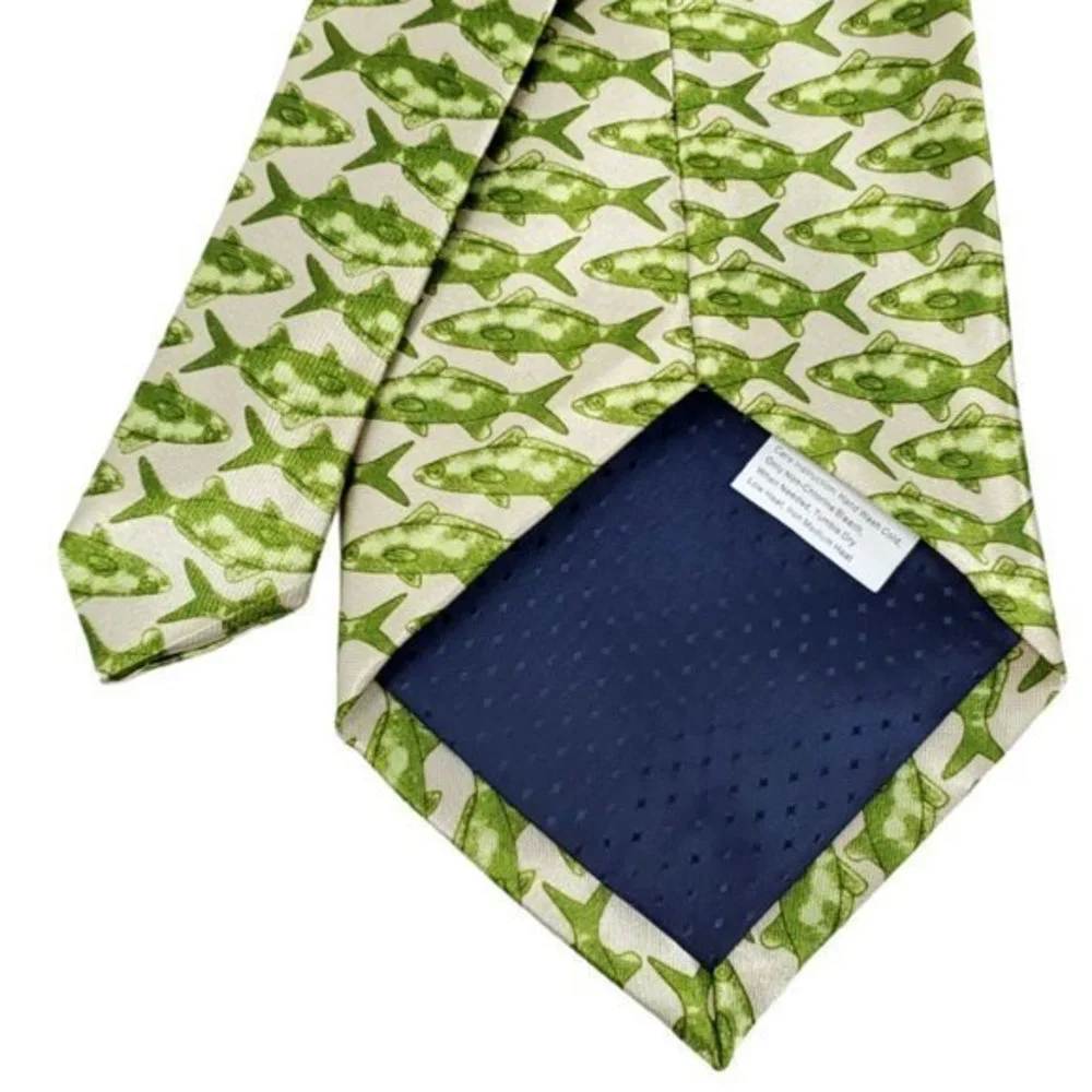 Fish Pattern Tie Necktie Green Ivory‎ Fishing Hunting Sports